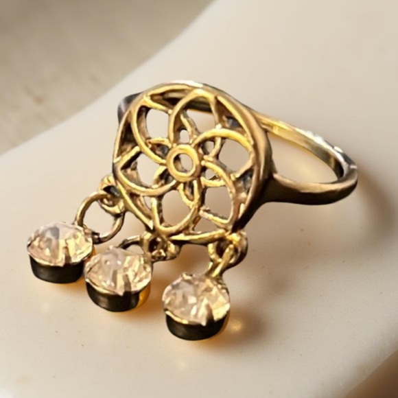 Whimsical Gold Plated Dream Catcher Medallion Crystal Rhinestone Dangle Ring - Picture 5 of 11